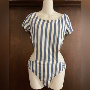 Eidon Brand Women's One Piece Split Swimsuit Size XL Blue & White Stripes